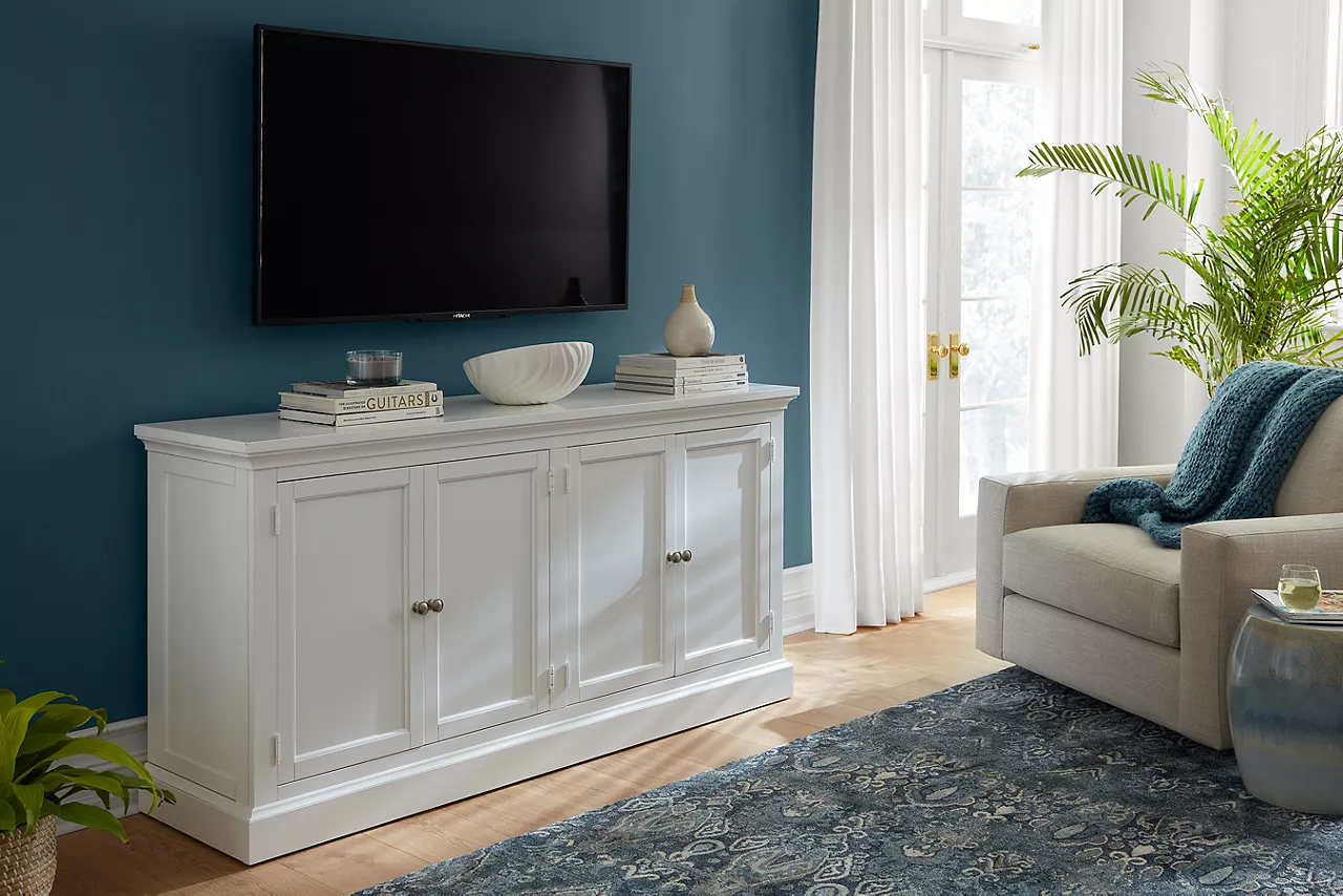 Arlington Entertainment Console in White in a room scene.